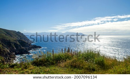 Atlatic coastline of Galicia, views of cliffs and Ortegal Cape from Punta Estaca de Bares, the northernmost point of Spain