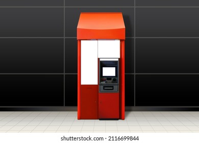 ATM Automated Teller Machine Booth For Advertising Mockup Template, Dark Version. Out-of-home OOH Media Display Space For Bank Advertisements Branding; With Clipping Paths.