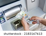 Atm cash machine money. Woman withdraw money dollar bill. Holding american hundred cash. Money dollar, bank credit card