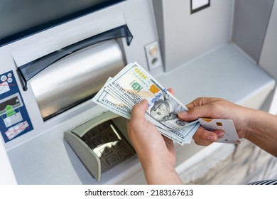 Atm cash machine money. Woman withdraw money dollar bill. Holding american hundred cash. Money dollar, bank credit card