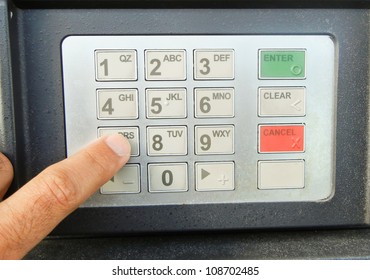 ATM Keypad With A Person Entering Passcode Or ATM Pin Number