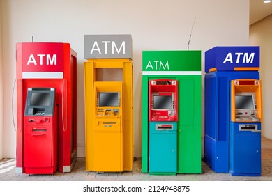 ATM Machine Banking Cash Money Withdraw Service At Public Place Multiple Bank.