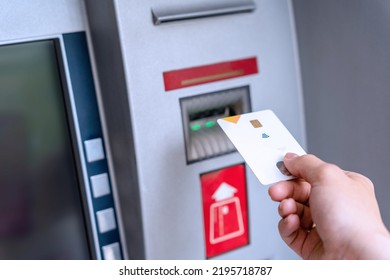 Atm Machine Money. Hand Holding Money Bank Credit Card. Withdraw Money Cash From Atm. Us Dollar Bill, Bank Credit Card