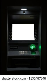 ATM Machine At Night. Blank White Screen For Text.