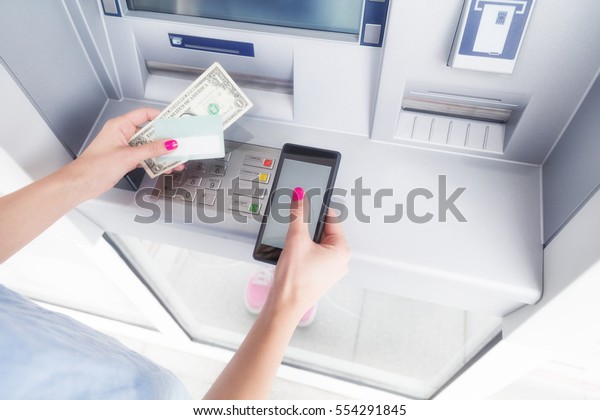 Atm Money Withdrawal Cellphone Technology Stock Photo