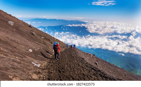 The Atmosphere Of Fuji Mountain Summit In Fujiyoshida, Yamanashi, Japan, The Hiker Trekker And Tourist Will Generally Climb On Top Of Fuji Mountain Every Summer 