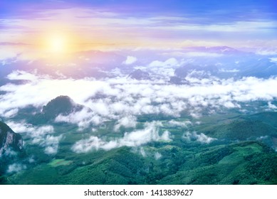 The Atmosphere In The Sky Of The Troposphere On The Hilltop With Clouds And Sun.