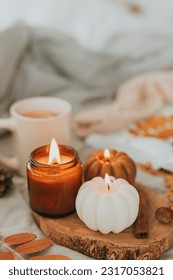Atmospheric candles - shape of pumpkins and candle in amber glass jar with wooden wick, autumn decor on gray bed. Autumn cozy home and hygge concept - Shutterstock ID 2317053821
