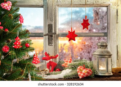 Atmospheric Christmas Window Sill Decoration With Beautiful Sunset View