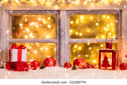 Atmospheric Christmas Window Sill With Decoration And Blur Tree With Lights Inside