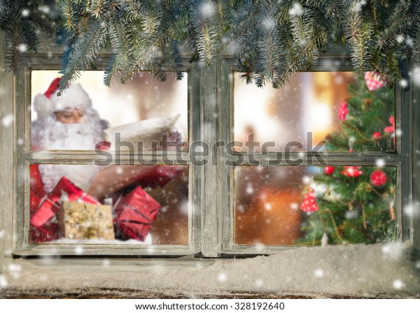 Atmospheric Christmas Window Sill Decoration Santa Stock Photo