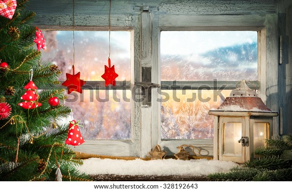 Atmospheric Christmas Window Sill Decoration Beautiful Stock Photo