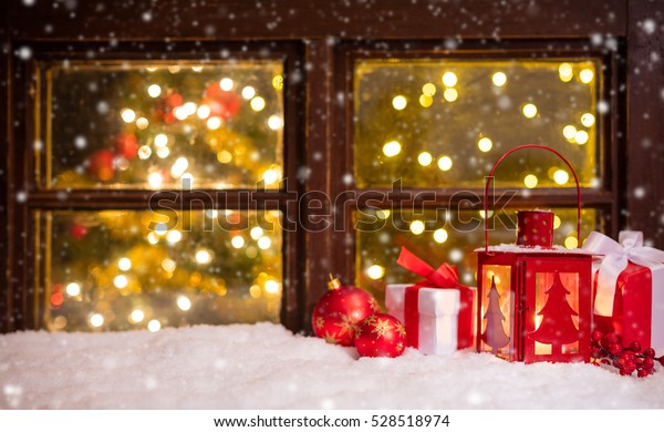 Atmospheric Christmas Window Sill Decoration Blur Stock Photo