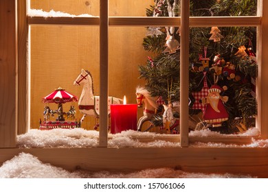 Atmospheric Christmas Window Sill Decoration:snow,tree,candle,rocking Horse And Carousel