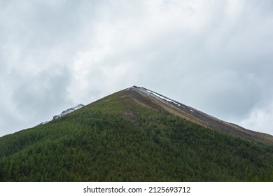 Atmospheric landscape with high green mountain in pyramid shape under gray cloudy sky. Somber view to large green forest mountain with bald top with snow in center under rainy clouds at gloomy weather