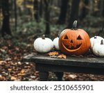 atmospheric photo of halloween pumpkin in autumn forest. pumpkin. halloween. autumn atmosphere