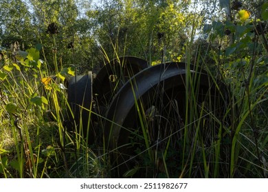 An atmospheric photo of old metal wheels partially hidden by tall grasses and wild plants in a lush, overgrown area. The sunlight filters through the dense foliage, adding a rustic charm. - Powered by Shutterstock