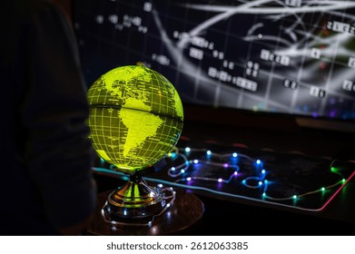 An atmospheric scene featuring an interactive blue globe and a futuristic screen displaying digital data. A person explores the world through modern technology, illuminated by neon lights