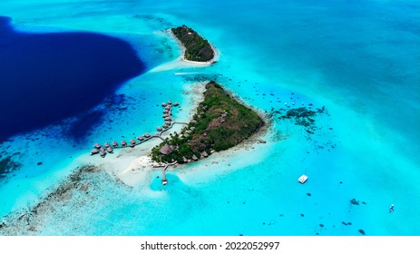 Atoll From Bora Bora Shallow And Deep Water Whit A Island And Sailing Boats View From Above Make Whit Drone