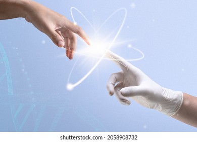 Atom biotechnology nuclear medicine  with scientist and rsquo's hands digital transformation remix