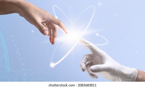 Atom biotechnology nuclear medicine  with scientist hands digital transformation remix