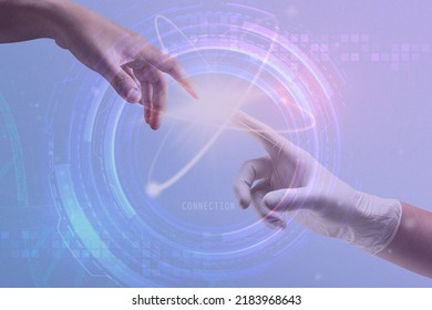 Atom Biotechnology Nuclear Medicine  With Scientist And Robot Hands Digital Transformation Remix