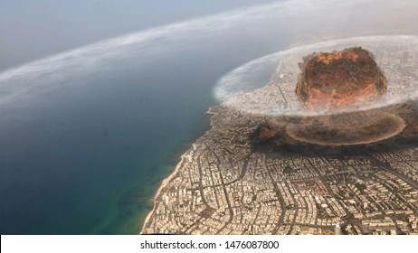 Atom Nuclear Bomb Exploding Over City Illustration