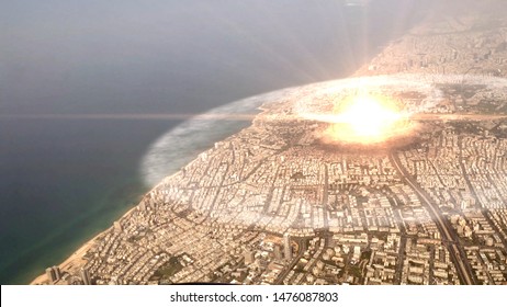 Atom Nuclear Bomb Exploding Over City Illustration