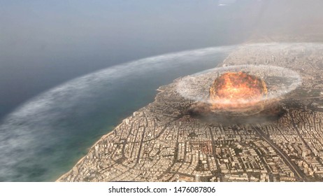 Atom Nuclear Bomb Exploding Over City Illustration