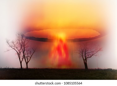 Atomic explosion, mushroom cloud, nuclear war on planet Earth. landscape of nuclear winter, Apocalypse after the Explosion