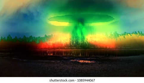 Atomic Explosion Mushroom On Planet Earth. Landscape Of Nuclear Winter And Apocalypse Of Nuclear War