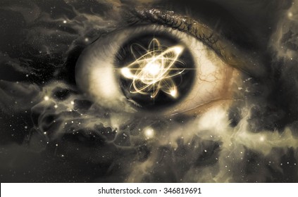 Atomic particle reflection in the pupil of an eye for physics background