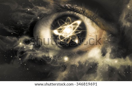 Atomic particle reflection in the pupil of an eye for physics background