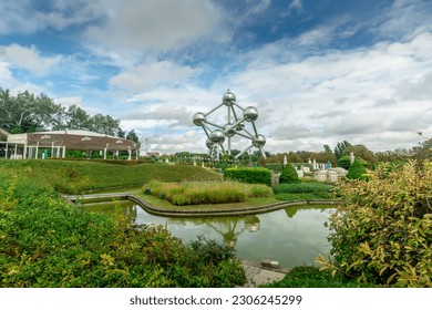 The Atomium view from Mini Europe , Brussels Belgium ... as reproductions of monuments in the European Union and other countries within the continent of Europe on display - Powered by Shutterstock