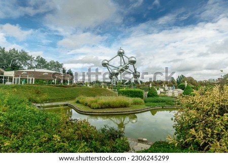 The Atomium view from Mini Europe , Brussels Belgium ... as reproductions of monuments in the European Union and other countries within the continent of Europe on display