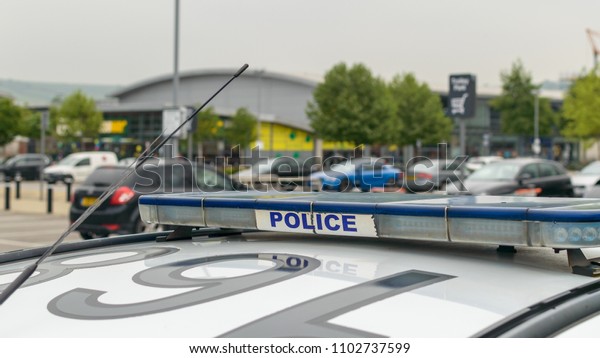 Atop Of English Police Car A,\
Emergency Police Car Roof Light Bar, shallow depth of\
field