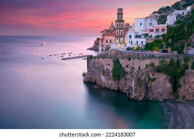 Atrani, Amalfi Coast, Italy. Aerial cityscape image of famous city Atrani located on Amalfi Coast, Italy at sunset. - Shutterstock ID 2224183007