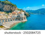 Atrani on Amalfi Coast, Italy. Aerial photo of famous city Atrani located on Amalfi Coast in Italy 