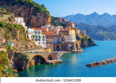 Atrani Town By Amalfi On Beautiful Mediterranean Amalfi Coast, Naples, Italy