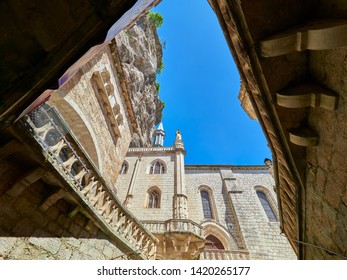 Atrium Of Saint Sauveur Sanctuary Basilica From The Staircase That Pilgrims Climbed On Their Knees In The Medieval French Village Of Rocamadour, Lot, Quercy, France. UNESCO World Heritage Site.