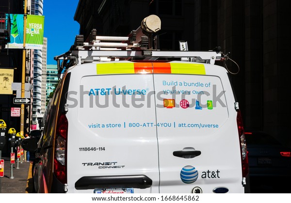 AT&T branded van parked on the street\
advertises U-verse triple-play telecommunications services - San\
Francisco, California, USA - February,\
2020