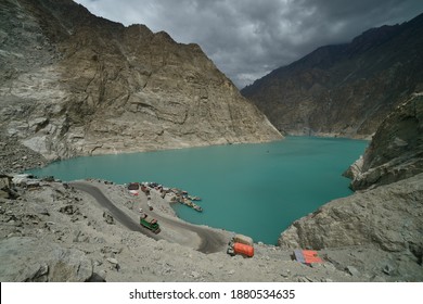 Attabad, Pakistan - June 18, 2014: Attabad Lake Under Rainy Clouds; After An Earthquake And Consequent Glacial Movement On Karakoram Highway, This Lake Came Into Being Accidentally.  