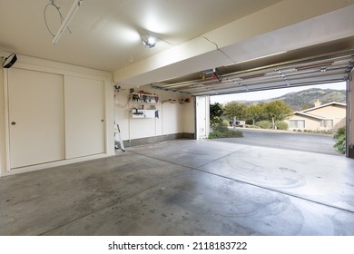 Attached Garage In Wine Country, Cement Slab, Cabinetry, Organized, Clean