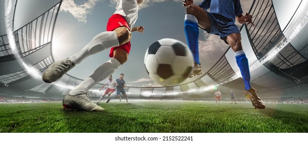 Attack. Collage with soccer, football players in motion, action at stadium during football match. Concept of sport, competition, goals. Collage, poster for ad. Bottom view, wide angle view - Shutterstock ID 2152522241