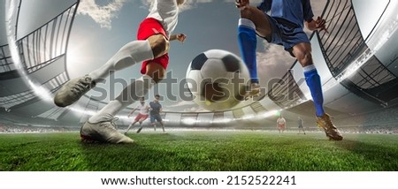 Attack. Collage with soccer, football players in motion, action at stadium during football match. Concept of sport, competition, goals. Collage, poster for ad. Bottom view, wide angle view