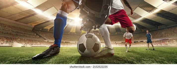 Attack. Cropped Image Of Two Soccer, Football Players In Motion, Action At Stadium During Football Match. Concept Of Sport, Competition, Goals. Collage, Poster For Ads