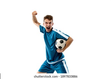 Attack. Funny Emotions Of Professional Soccer Player Isolated On White Studio Background. Copyspace For Ad. Excitement In Game, Human Emotions, Facial Expression And Passion With Sport Concept.