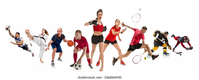 Attack. Sport Collage About Kickboxing, Soccer, American Football, Basketball, Ice Hockey, Badminton, Taekwondo, Tennis, Rugby Players. Fit Men And Women Active Athletes Isolated On White Background