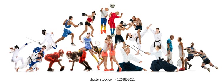 Attack. Sport collage about kickboxing, soccer, american football, aikido, rugby, judo, fencing, badminton and tennis and boxing on white background - Powered by Shutterstock