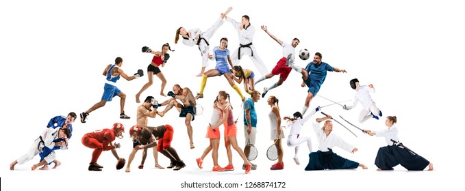 Attack. Sport collage about kickboxing, soccer, american football, aikido, rugby, judo, fencing, badminton and tennis and boxing on white background - Powered by Shutterstock